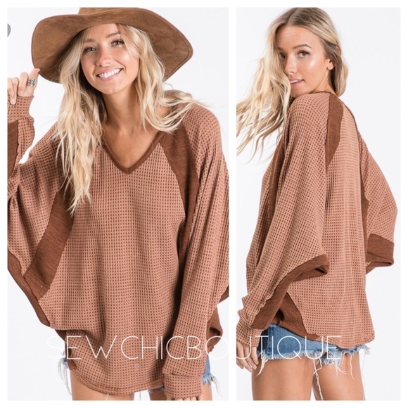 Dolman Sleeve Waffle Knit Loose Fit Top - Picture 1 of 6